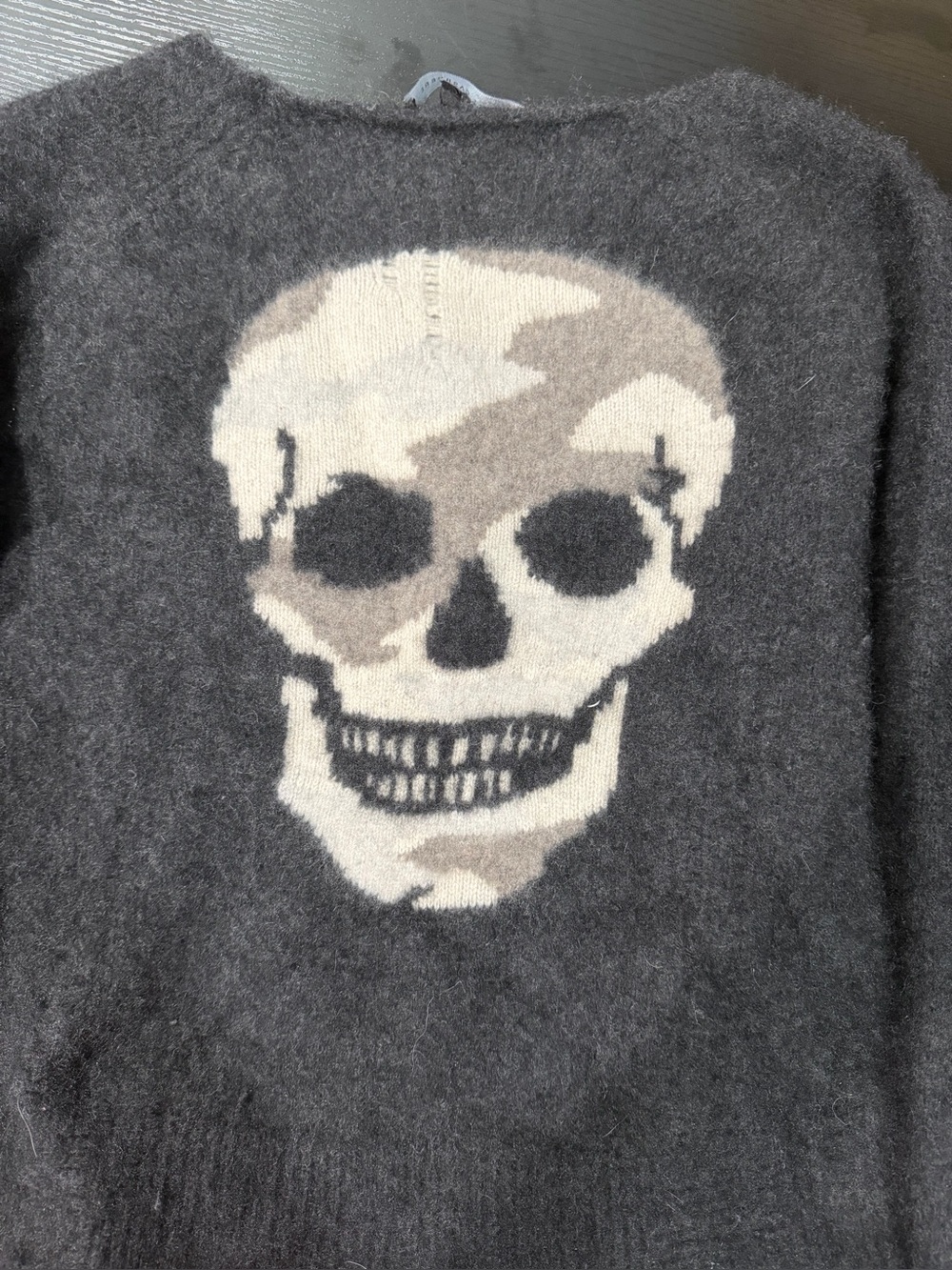 Skull Cashmere Camo Distressed Skull Sweater Charcoal Grey Womens Medium